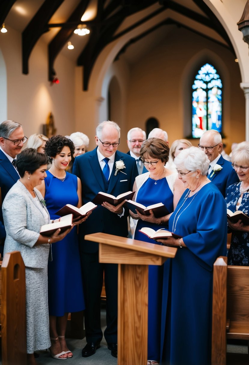 Family members gather, each holding a book, in a church with pews and a podium for special readings at a wedding