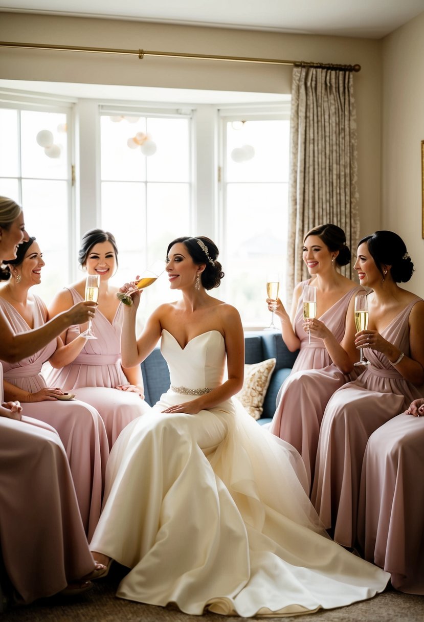 A bride in a flowing, elegant gown, seated in a cozy, sunlit room, surrounded by her bridesmaids and sipping champagne