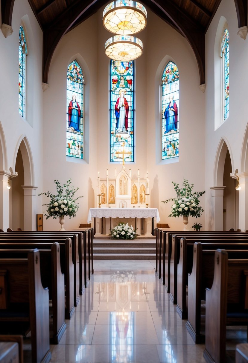 A serene church interior with elegant pews, stained glass windows, and a beautifully decorated altar for a wedding ceremony