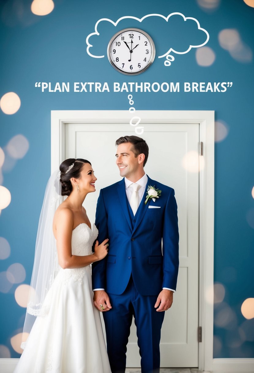 A bride and groom standing in front of a bathroom sign, with a clock showing the time and a thought bubble above their heads with the words "Plan extra bathroom breaks."