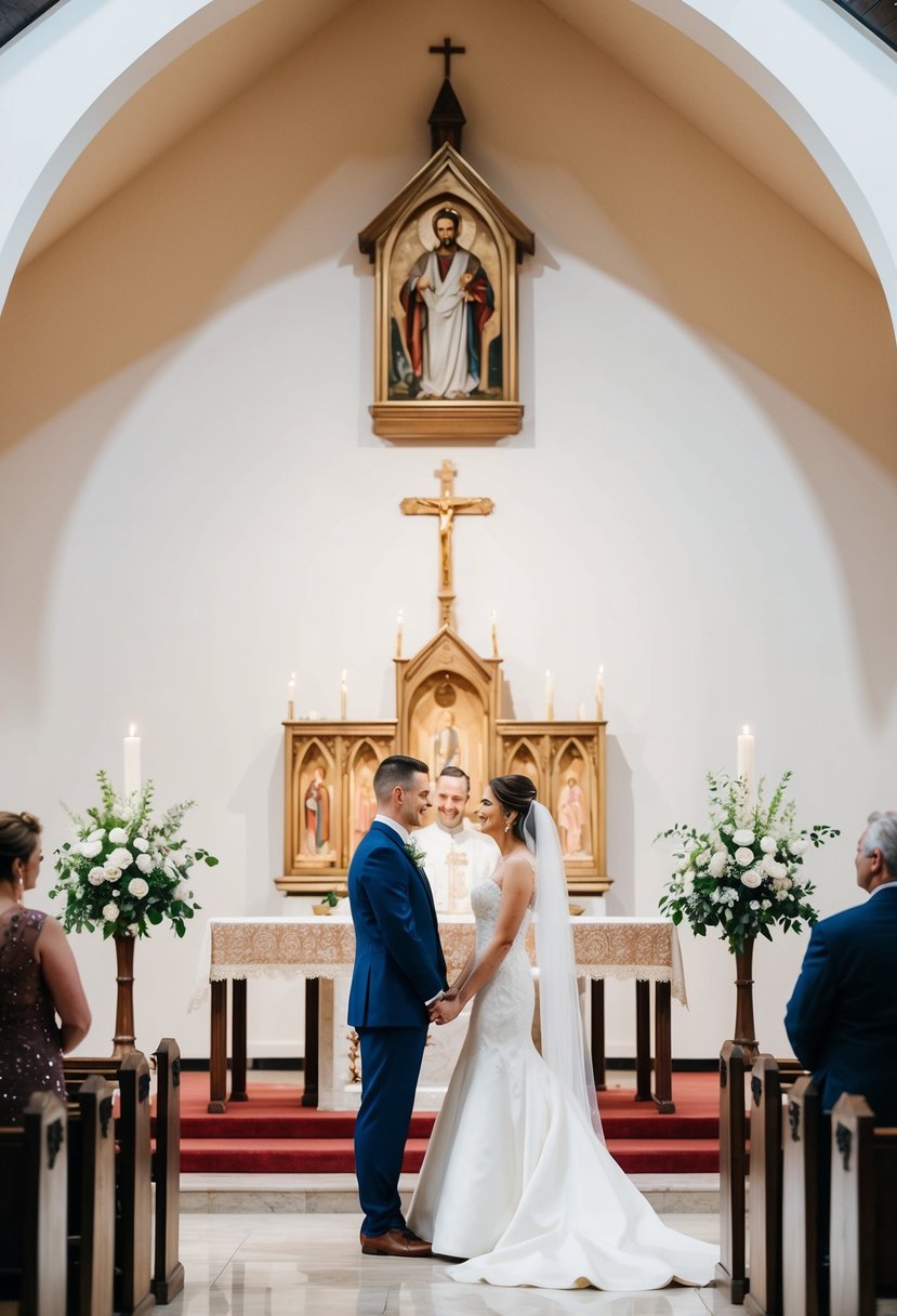 A bride and groom stand before an altar, following the church's rules for their wedding ceremony