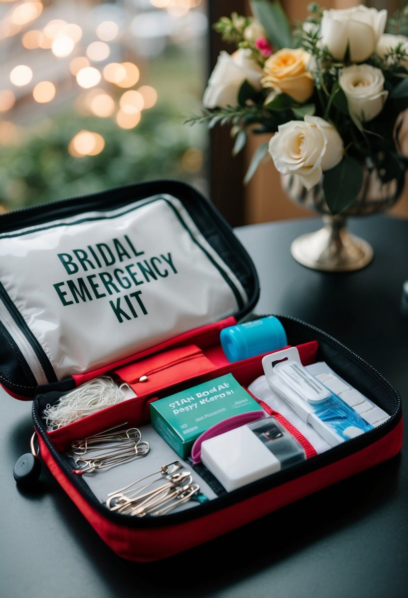 A bridal emergency kit open on a table, with items like safety pins, sewing kit, and stain remover visible