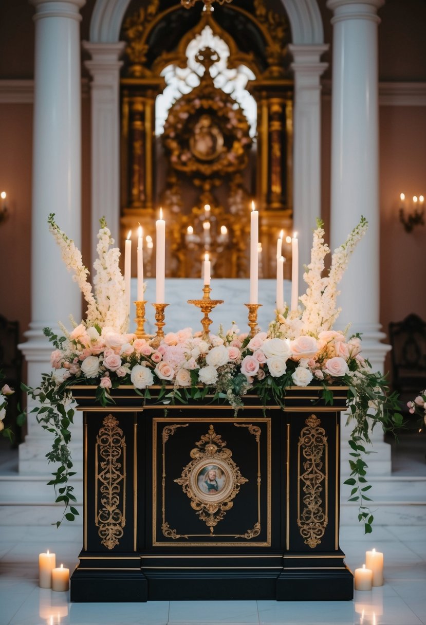 An ornate altar adorned with delicate flowers and soft candlelight