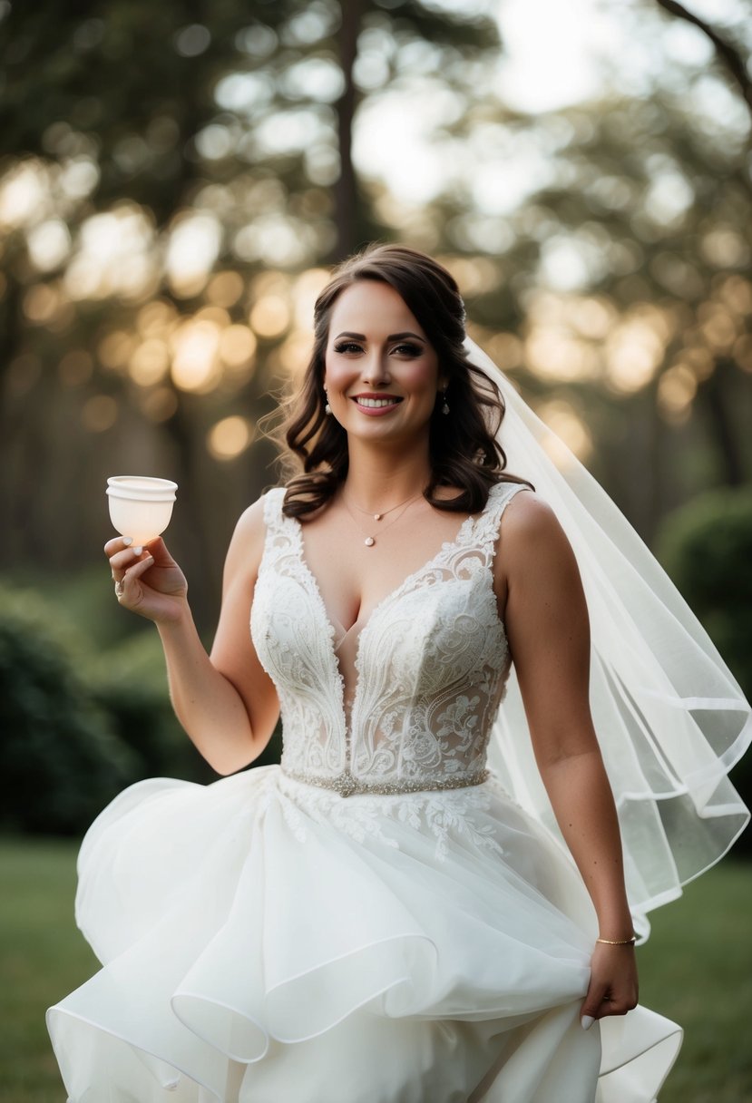 A bride twirling in her wedding dress, a serene smile on her face as she confidently holds a menstrual cup in her hand