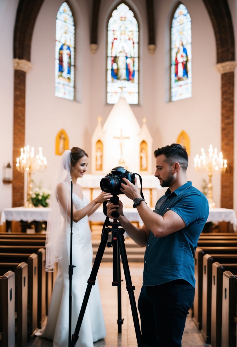 A photographer setting up a camera and tripod in a church, adjusting lighting and angles for the perfect wedding shot