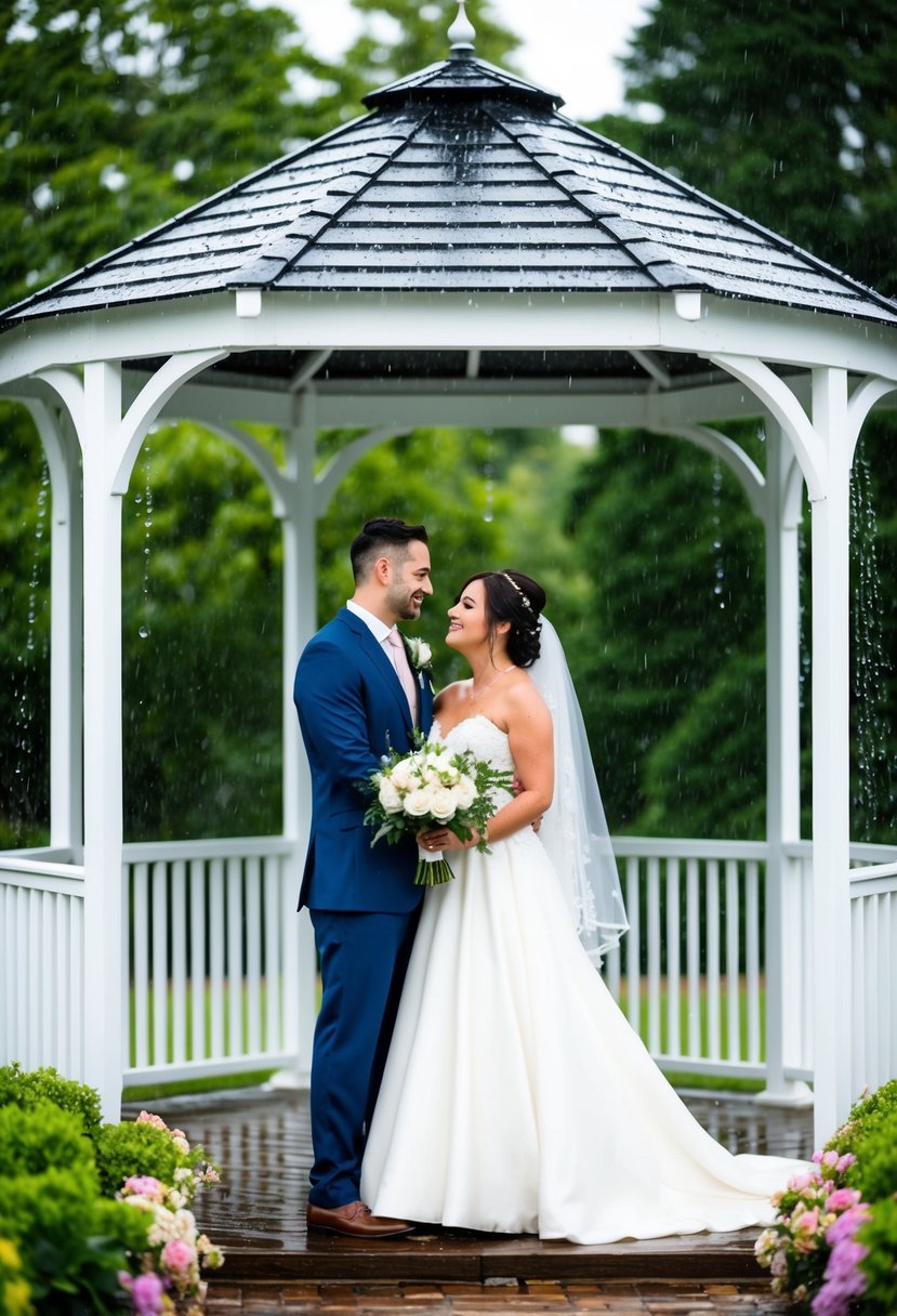 A bride and groom stand under a white gazebo, surrounded by lush greenery and blooming flowers, as raindrops fall gently around them