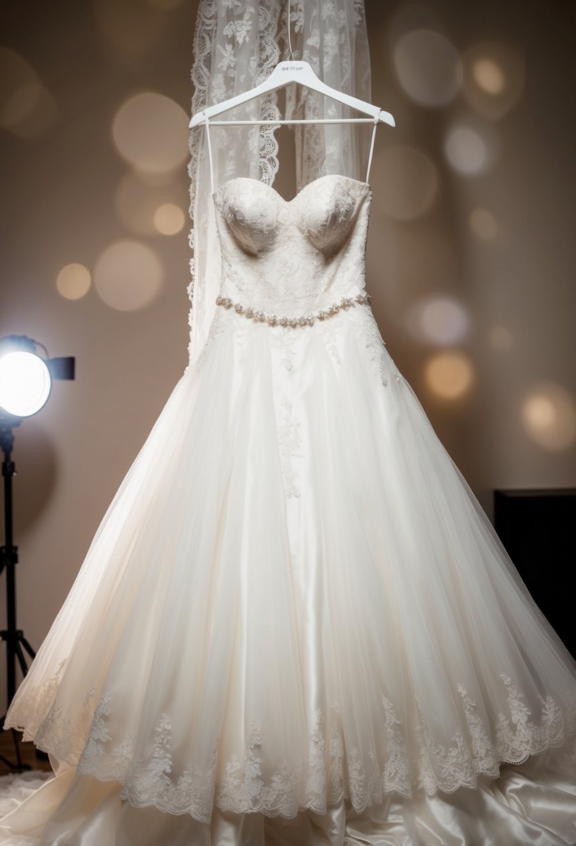 A strapless wedding dress hangs on a mannequin, surrounded by lace, tulle, and delicate beading. A soft spotlight illuminates the elegant gown