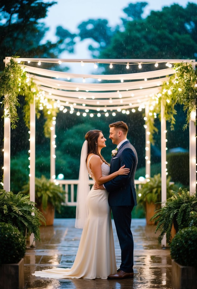 A couple stands under a canopy, surrounded by twinkling lights and lush greenery. The rain falls gently, creating a cozy and intimate atmosphere