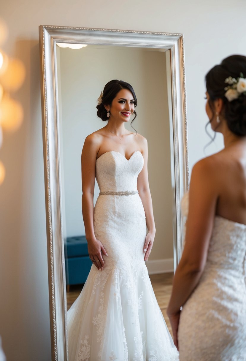 A bride standing in front of a full-length mirror, adjusting the fit of her strapless wedding dress, with a serene expression on her face