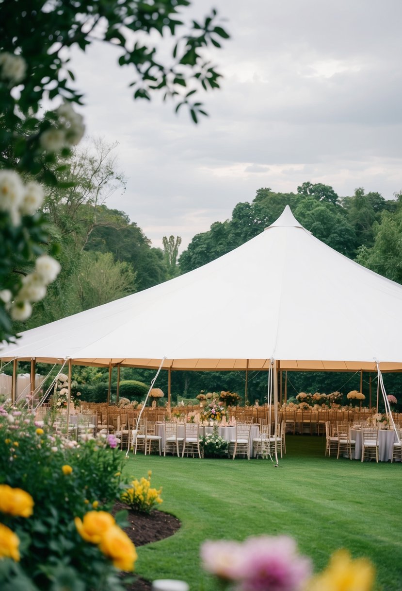 A wedding venue with a large white tent set up in case of rain, surrounded by lush greenery and blooming flowers