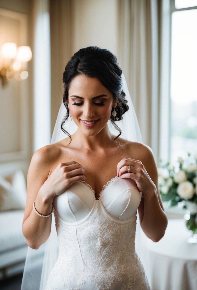 A bride in a strapless wedding dress adjusts her well-fitted bra for a perfect fit