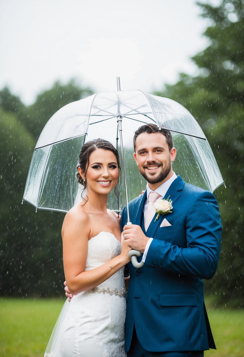 A bride and groom stand under a clear umbrella, wearing waterproof attire, while rain falls around them