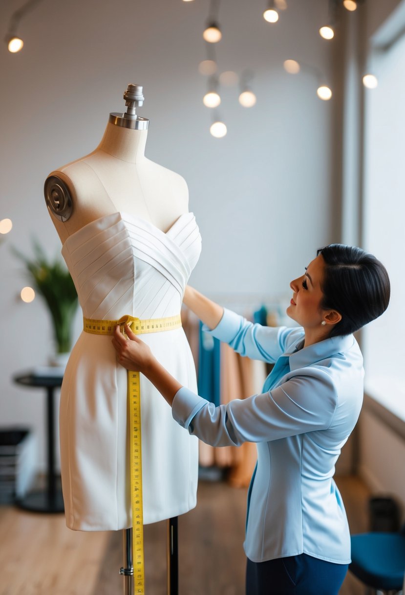 A tailor measuring a strapless wedding dress on a mannequin