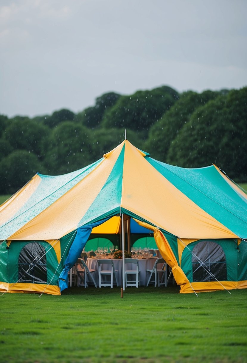 A colorful tent set up in a lush green field, raindrops falling gently on its waterproof fabric. Tables and chairs inside, ready for guests