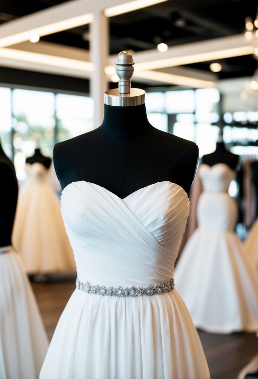 A mannequin in a strapless wedding dress with a fitted waist, displayed in a well-lit bridal boutique