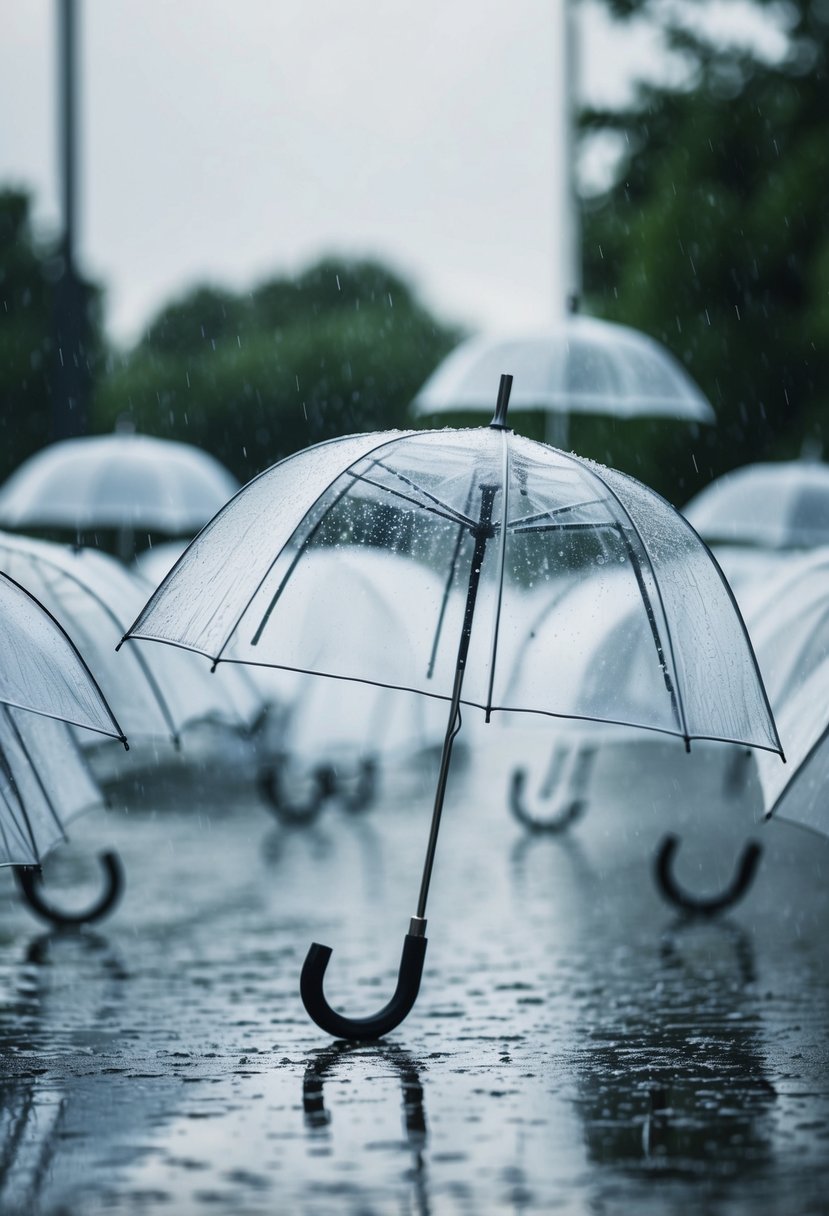 Clear umbrellas scattered on wet ground, reflecting soft light and raindrops, creating a dreamy atmosphere for stunning wedding photos