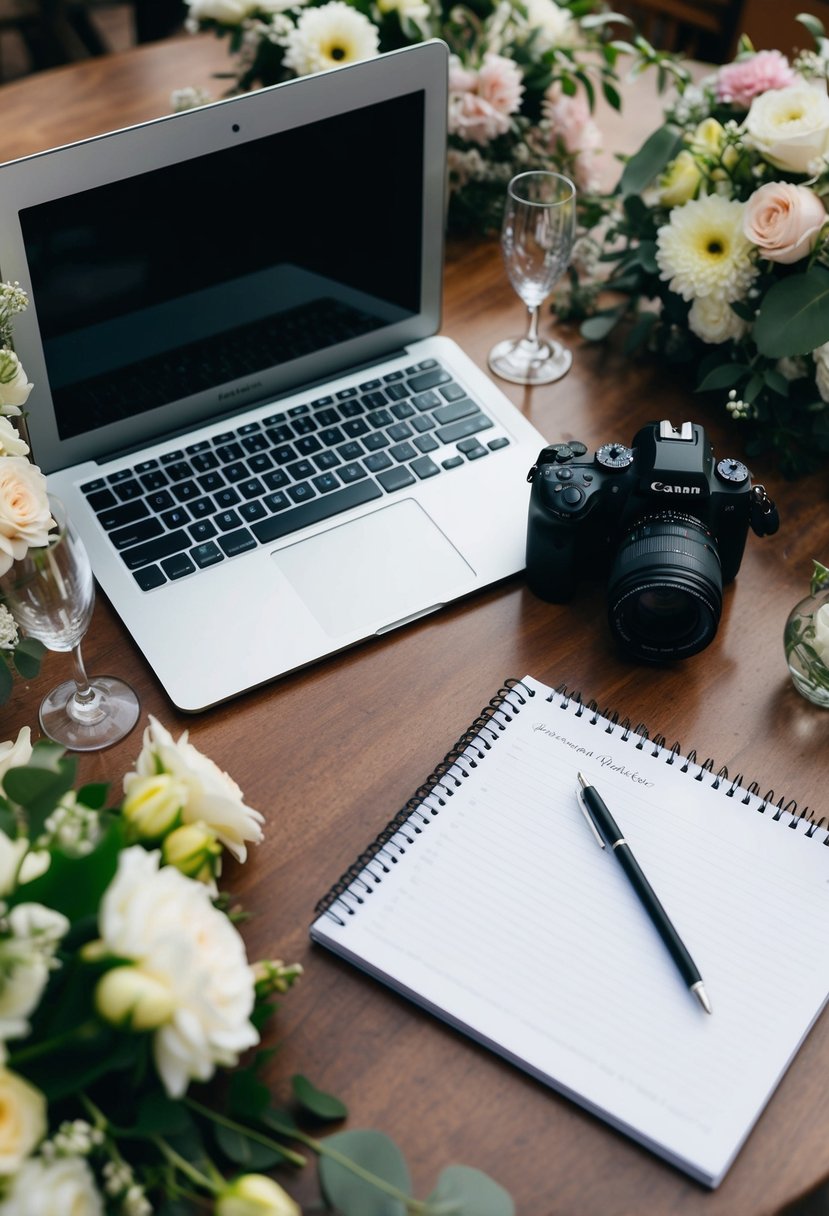 A table with a laptop, camera, and notepad surrounded by flowers and wedding decor