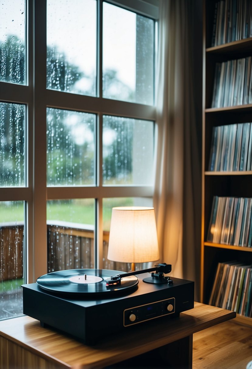 A cozy living room with a large window, raindrops falling outside. A record player spins, casting a warm glow on shelves of vinyl records