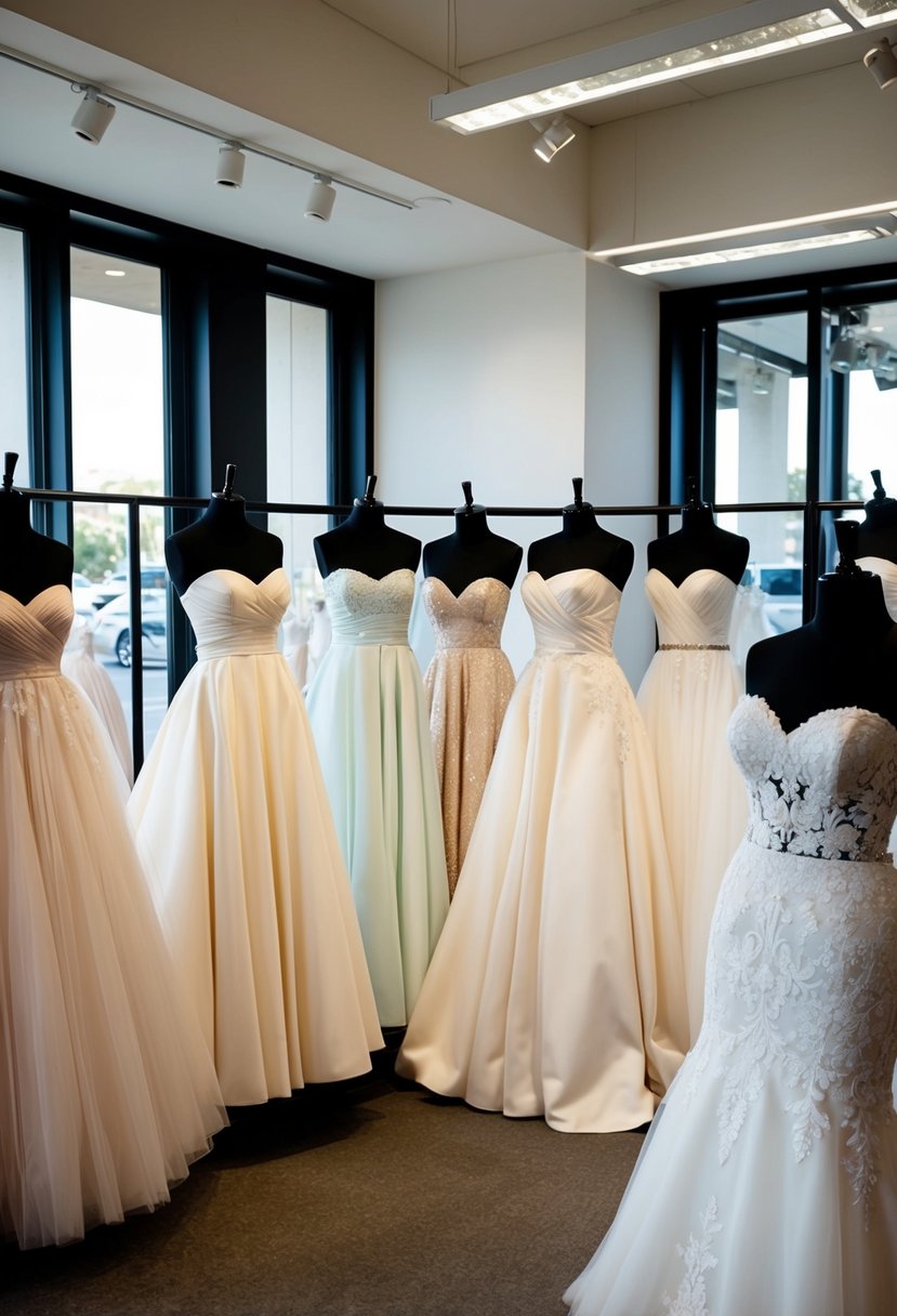 A bridal boutique with a variety of strapless wedding dresses on display, each with different neckline styles for the customer to try on