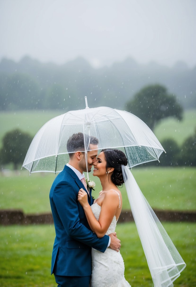 A bride and groom embrace under a translucent umbrella, raindrops falling around them, as the misty landscape provides a romantic backdrop for their wedding day