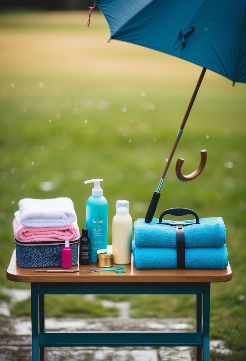 A table with towels, hair products, umbrellas, and a sewing kit laid out for a rainy wedding day