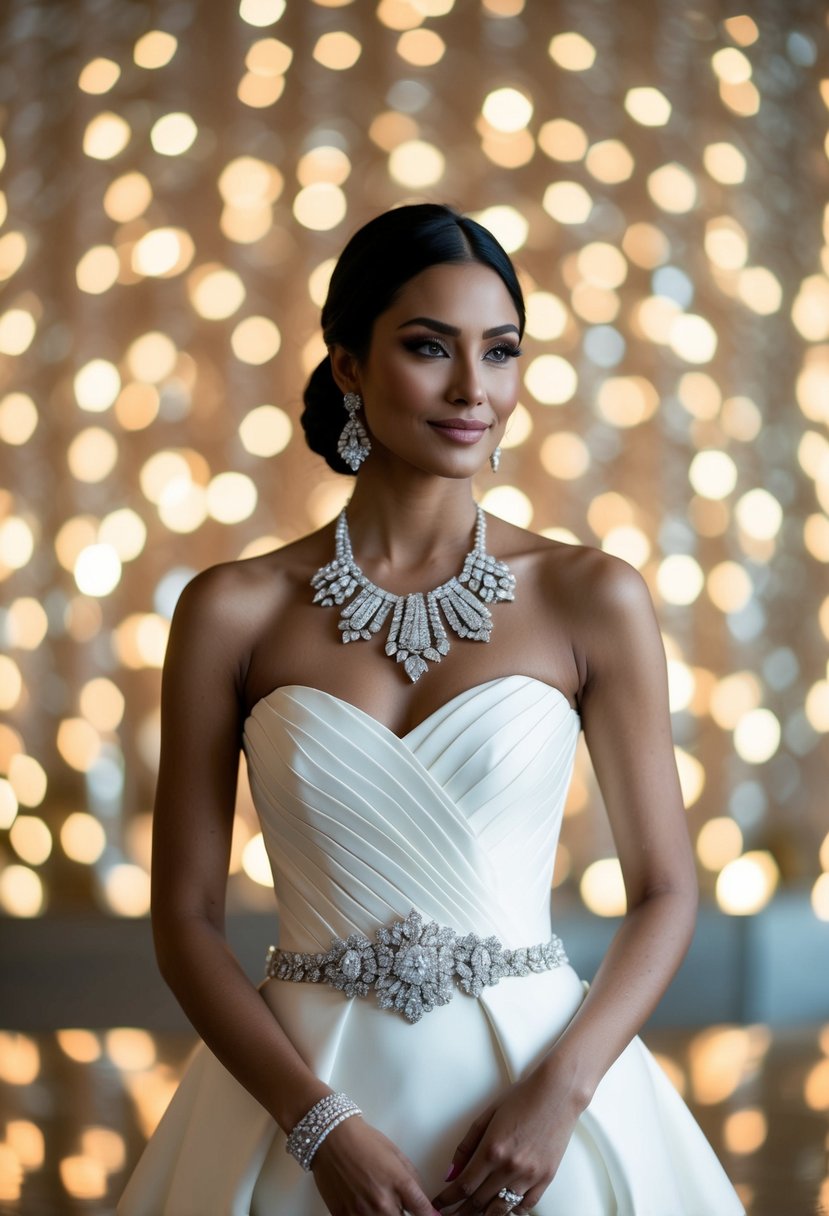 A strapless wedding dress adorned with bold statement jewelry, set against a luxurious backdrop