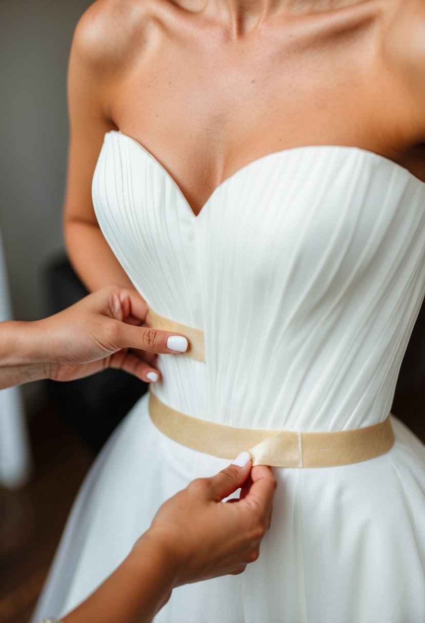 A strapless wedding dress being secured with fashion tape