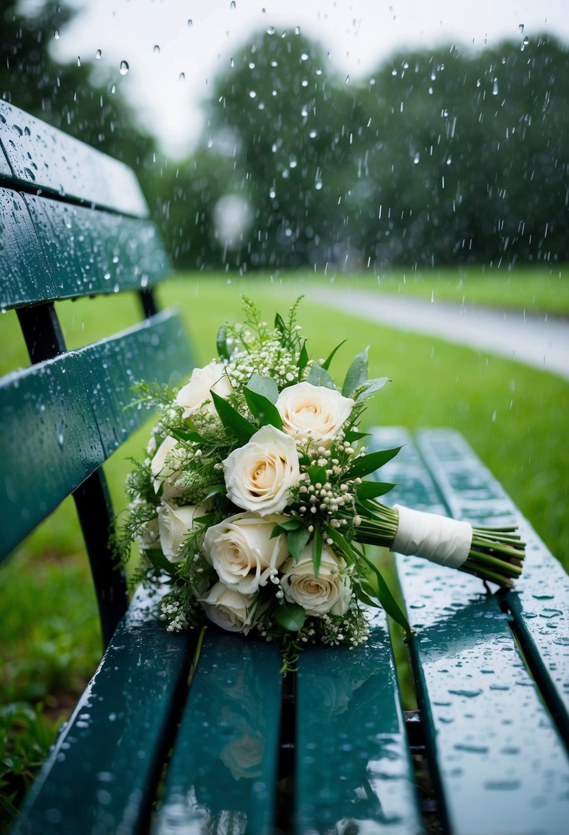 A bride's bouquet lies abandoned on a rain-soaked bench, droplets creating a glistening, ethereal effect