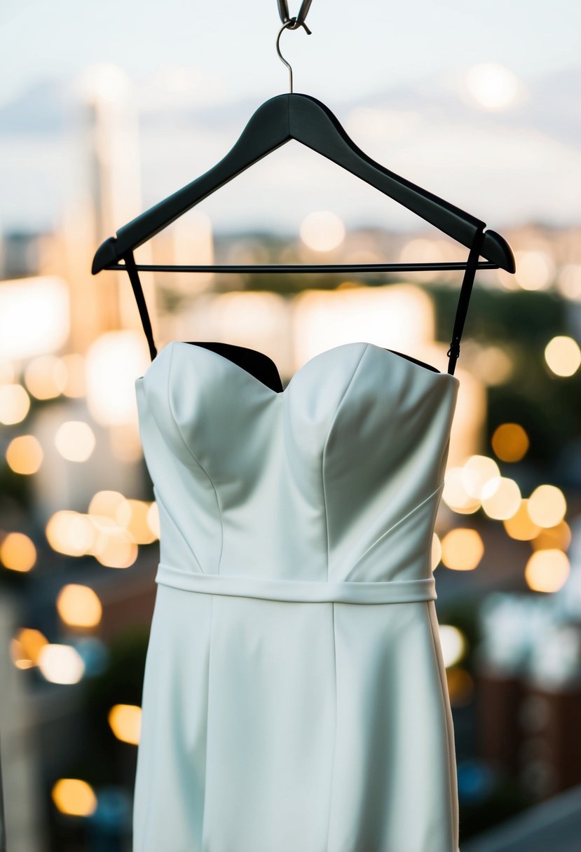 A strapless wedding dress with built-in support, hanging on a sleek mannequin