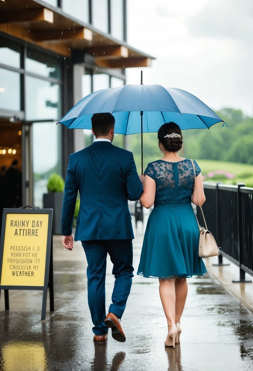 A couple under an umbrella, walking towards a venue with a sign indicating "rainy day attire" and a message about the weather