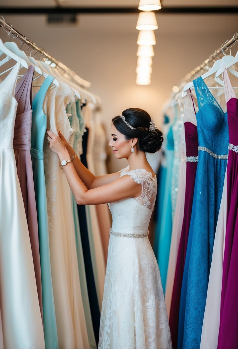 A maid of honor browsing through racks of wedding dresses, holding up different styles and colors to examine closely