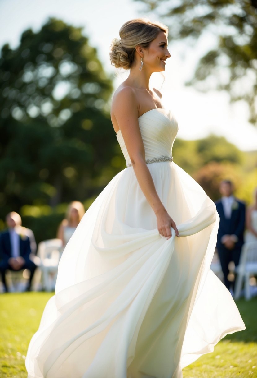 A flowing, strapless wedding dress in a lightweight, breathable fabric, gently swaying in the breeze at an outdoor ceremony