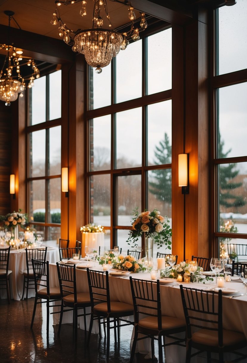 A cozy indoor wedding venue with warm lighting and elegant decor, featuring creative use of windows and reflections to capture the rainy day ambiance