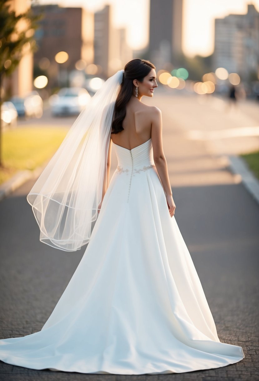 A strapless wedding dress with a flowing veil cascading down the back, adding an elegant touch to the overall look