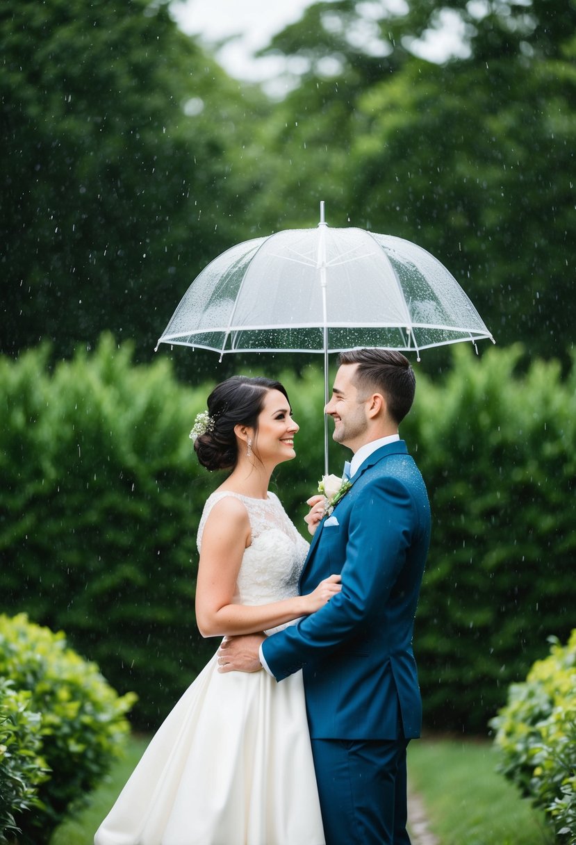 A bride and groom stand under a clear umbrella, surrounded by lush greenery, as raindrops gently fall around them