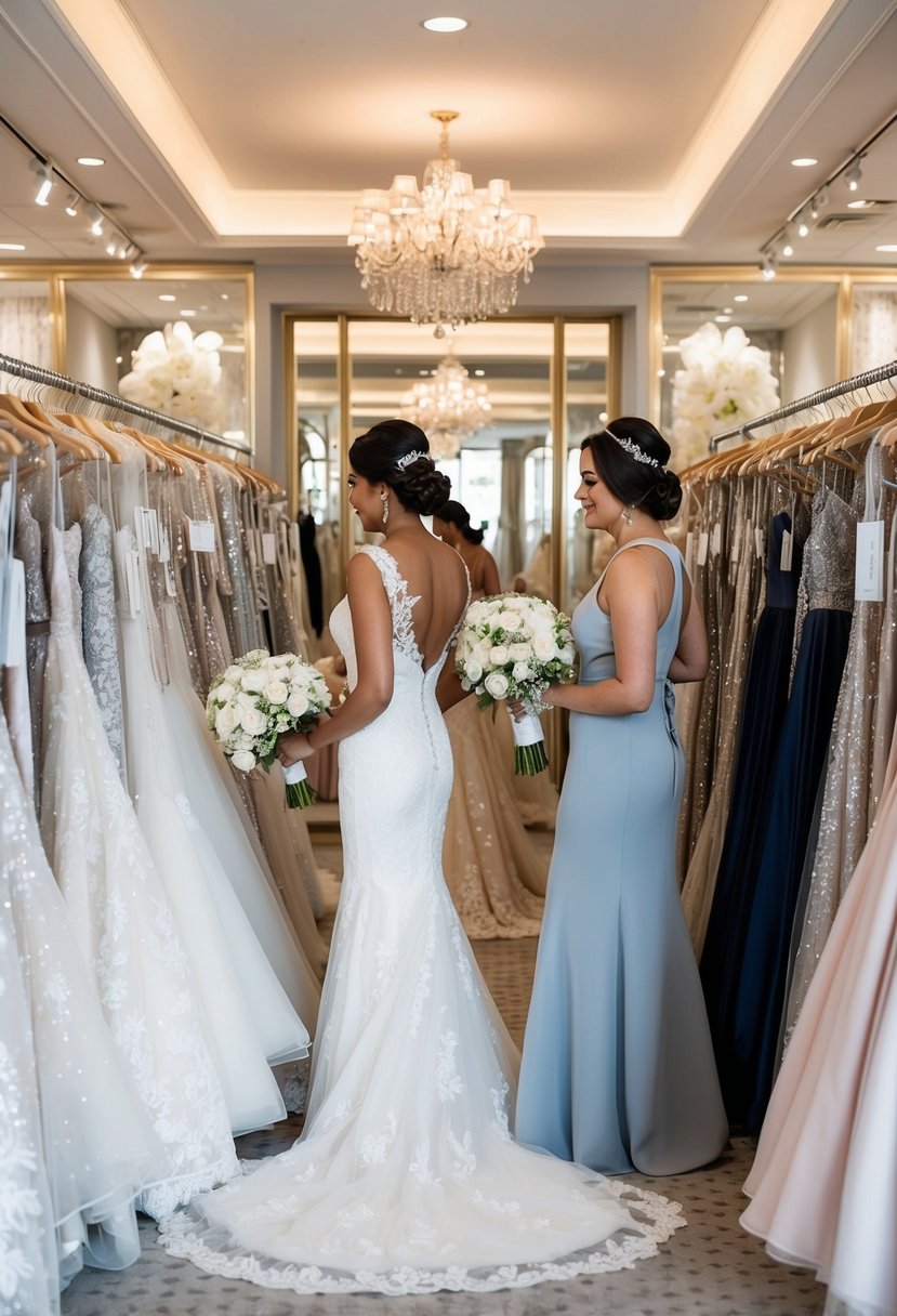 A bride and her maid of honor browse through racks of wedding dresses in a luxurious bridal boutique, surrounded by elegant gowns and sparkling accessories