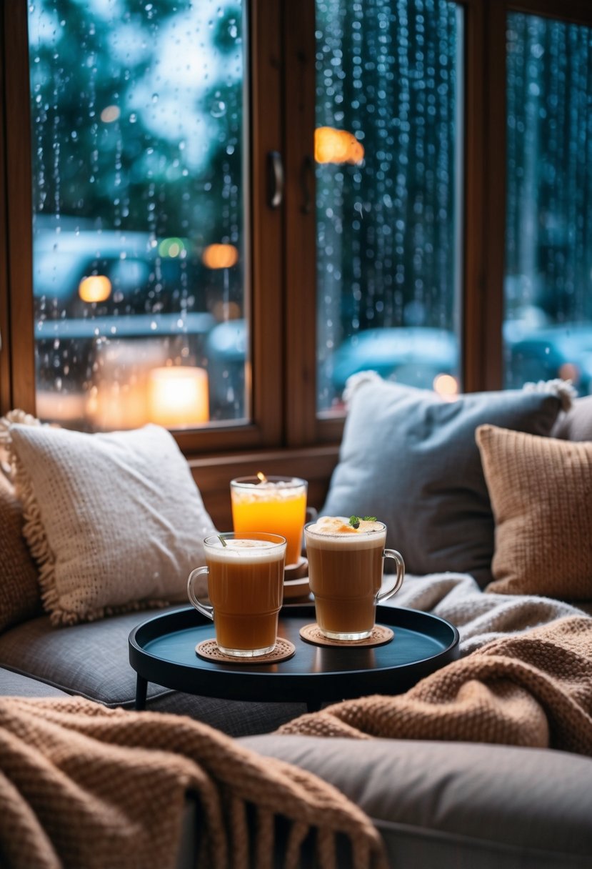 A cozy lounge area with warm drinks, surrounded by soft cushions and blankets, as rain falls outside the window