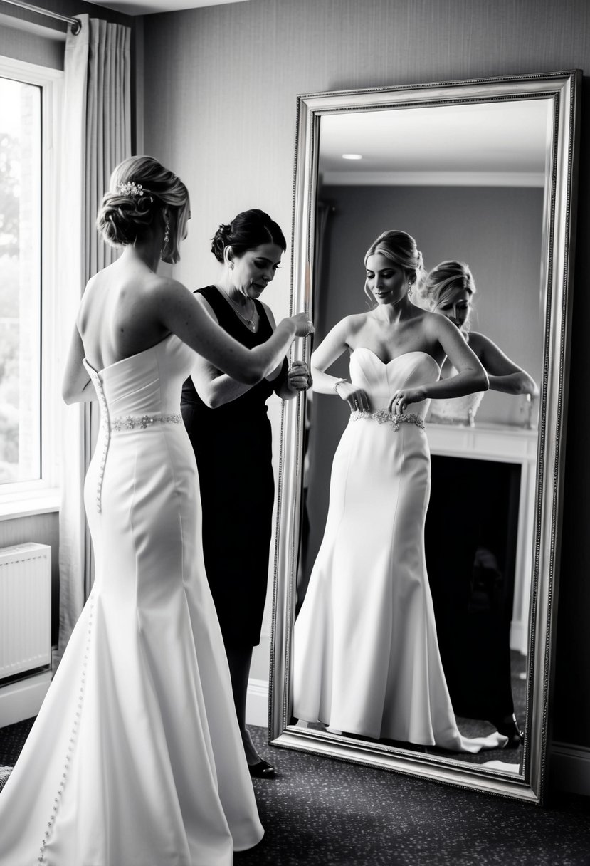 A bride stands in front of a full-length mirror, adjusting the fit of her strapless wedding dress. She carefully fastens the back and ensures mobility by testing her range of movement