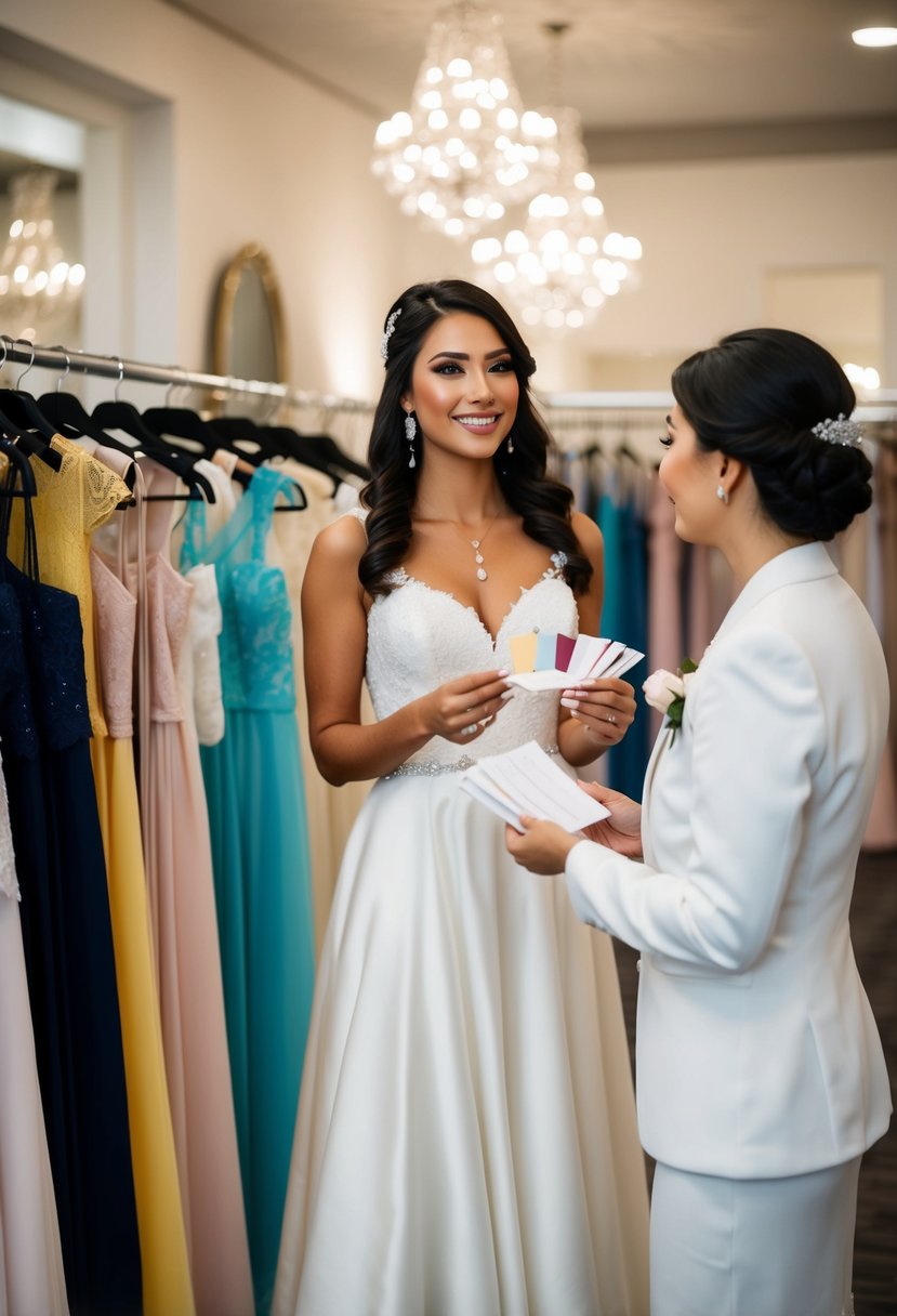 A maid of honor surrounded by racks of wedding dresses, holding swatches and consulting with a bridal consultant