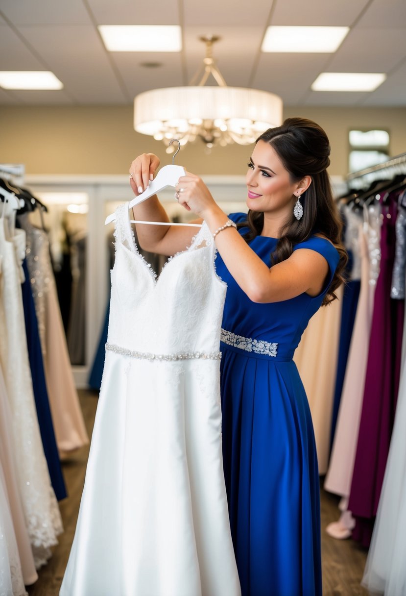 A maid of honor holds up a wedding dress, inspecting the fabric and design with a critical eye. She stands in a well-lit boutique surrounded by racks of beautiful gowns