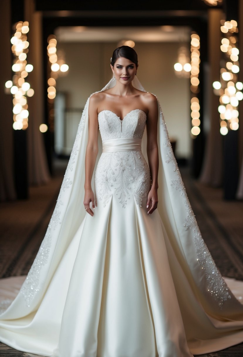 A strapless wedding dress with a decorative cape flowing behind the gown