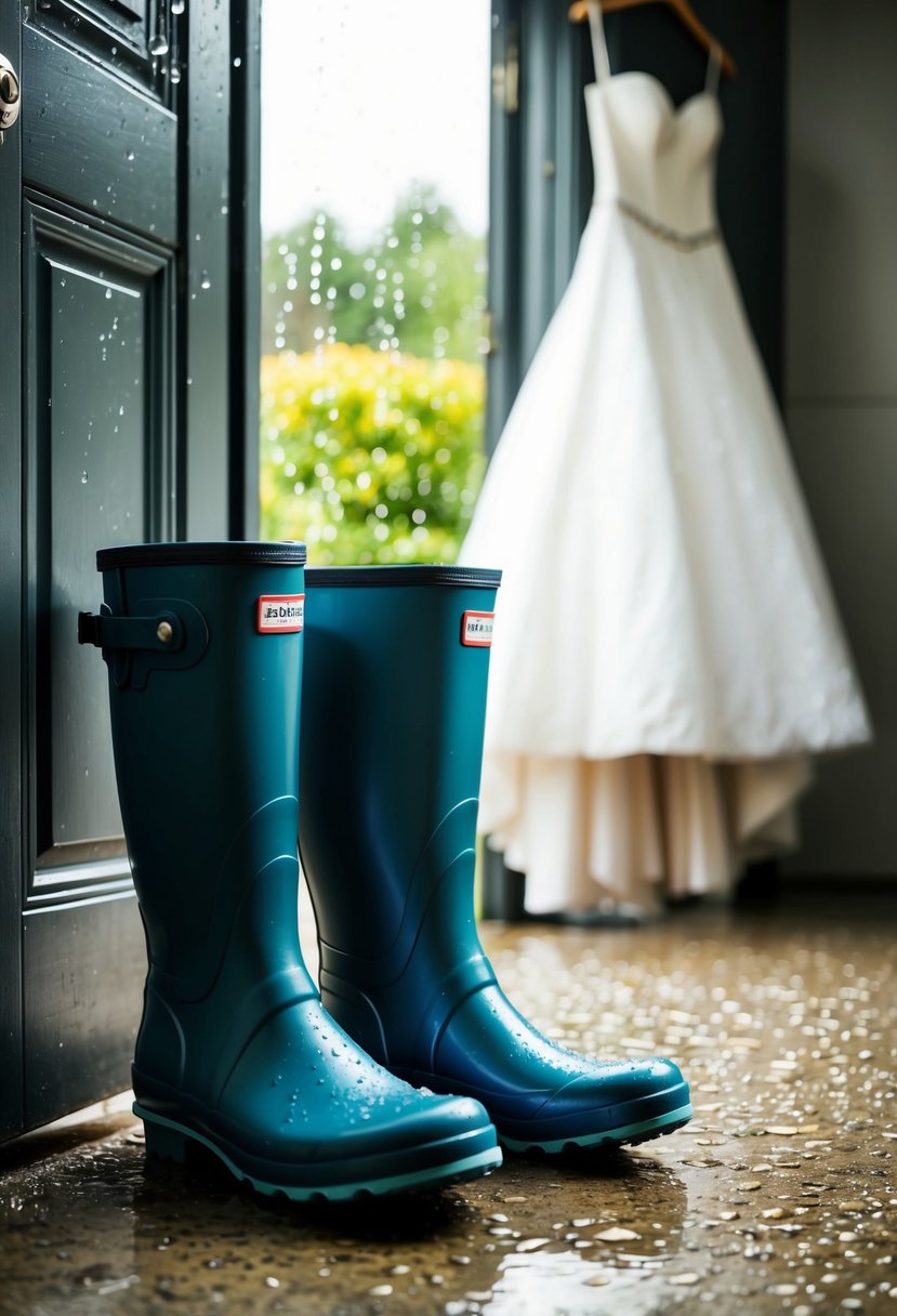 A pair of waterproof boots sits by the door, surrounded by raindrops. A wedding dress hangs nearby, ready for a rainy day