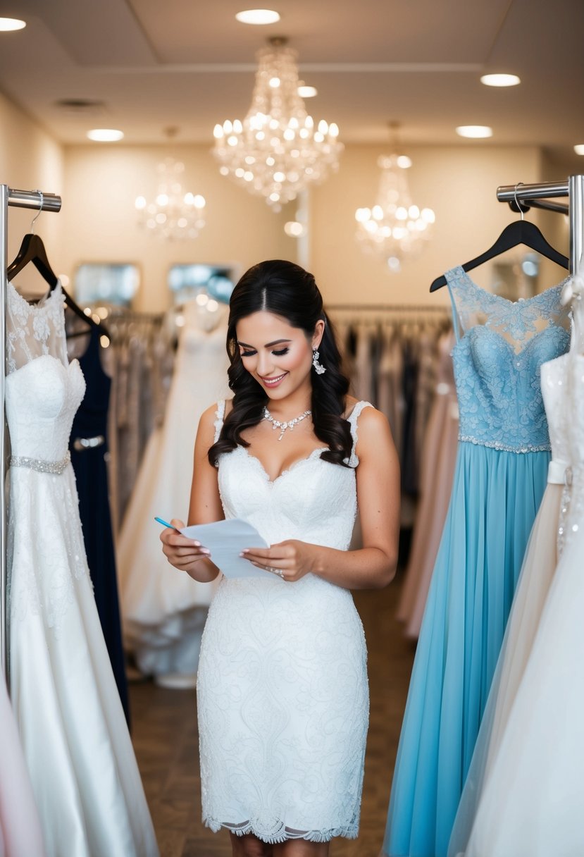 A maid of honor carefully compares prices of wedding dresses at different bridal shops, jotting down notes and tips from the bride