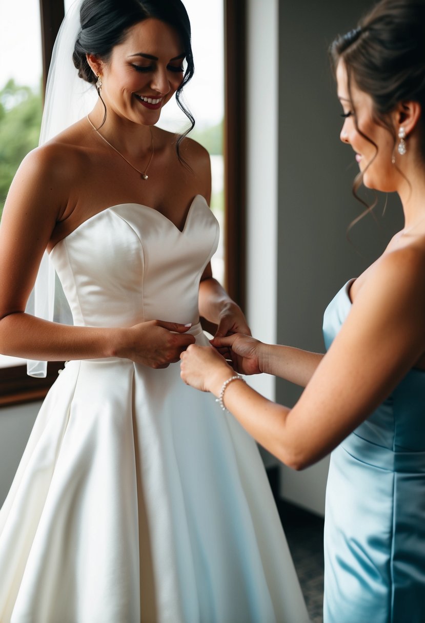 A bride slipping on a satin strapless wedding dress