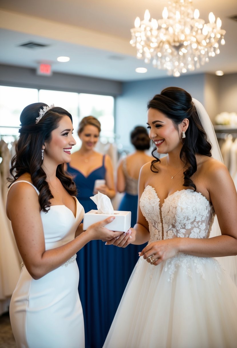 A maid of honor holds a tissue box and offers a comforting smile to the bride as she tries on wedding dresses in a boutique