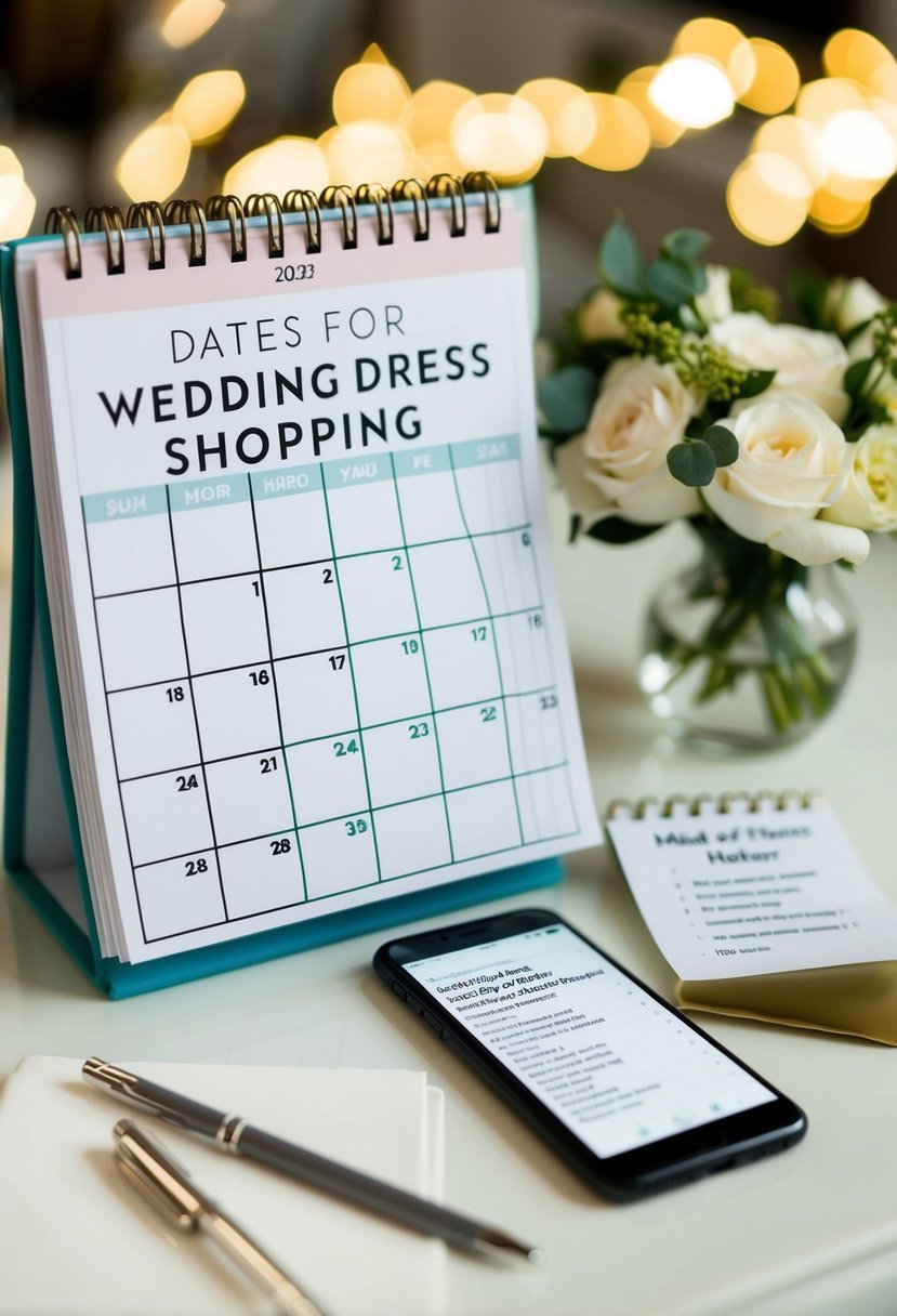 A calendar with dates marked for wedding dress shopping, a list of tips for the maid of honor, and a phone with appointment confirmations