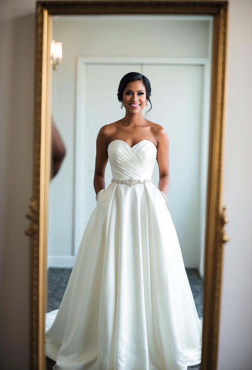 A bride in a strapless wedding dress with added sleeves for style, standing in front of a full-length mirror