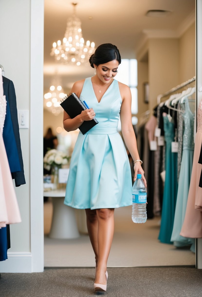 A maid of honor carrying a notepad and pen, a bottle of water, and a small bag of snacks while walking into a bridal boutique