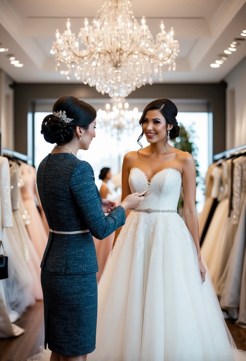 A maid of honor receives advice on wedding dress shopping from a bridal consultant in a luxurious boutique