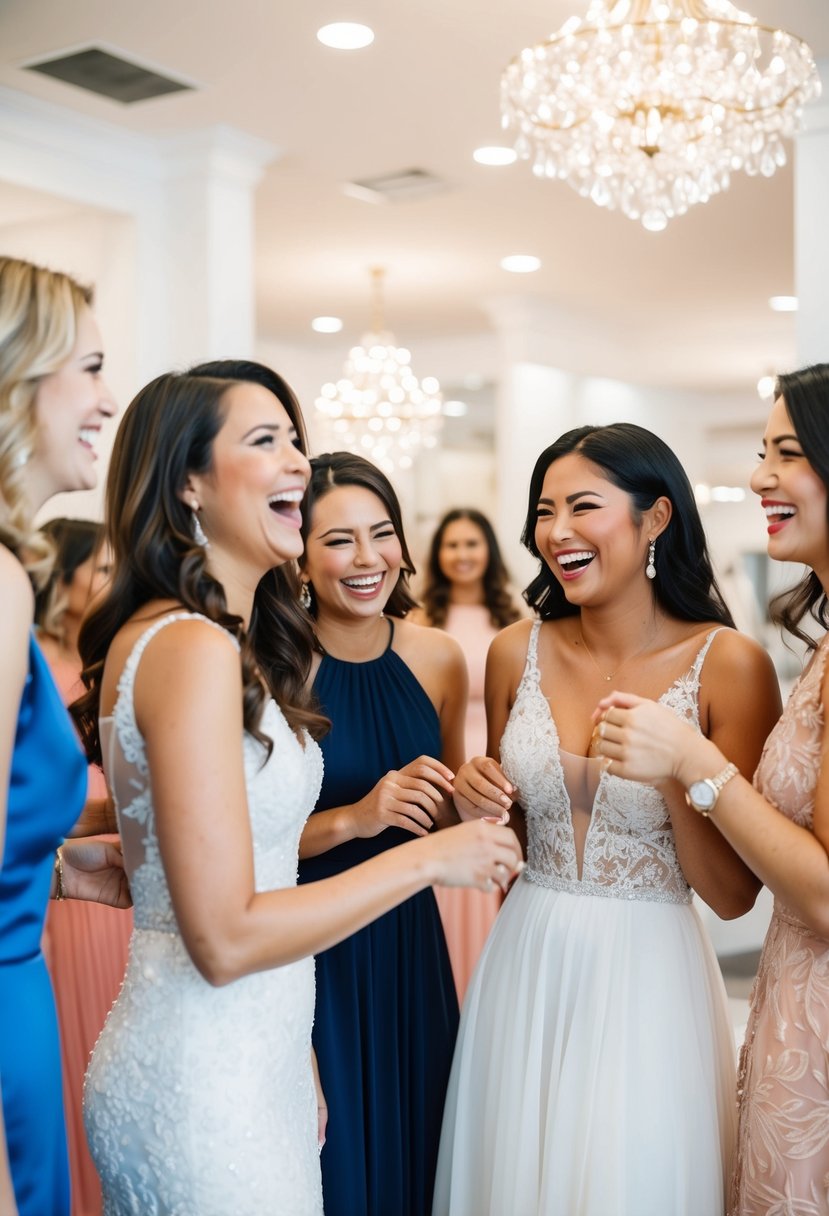 A group of women laughing and trying on dresses in a bright, elegant bridal boutique